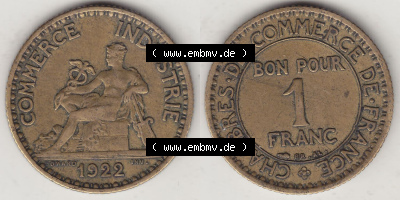Münzen Frankreich Eurovorläufer, Umlaufmünze vor Euroeinführung 1922-1927, 1 Franken, BON POUR One Franc, 1922 (Stück 2)... Sammlung