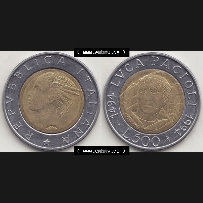 Münzen Italien / Italia Eurovorläufer, Gedenkmünze vor Euroeinführung 1994-1994, 500 Lire, 500. Geburtstag von Luca Pacioli (1494-1994)-2.... Sammlung