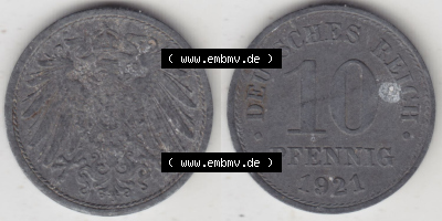 Münzen Deutschland 1918-1932 Weimarer Republik 1917-1922, 10 Pfennig Reichsadler, Keine Prägestätte 1921 I. (3) Sammlung