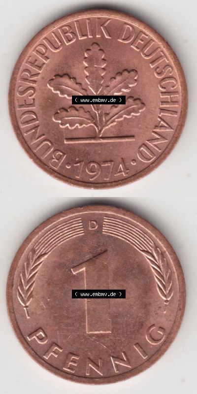Münzen Deutschland 1 Pfennig-Deutsche Mark 1950-2001, 1 Pfennig 1974 D. Vorderseite und Rückseite in vertikaler Ansicht, einer... Sammlung