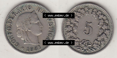 Münzen Schweiz Eurovorläufer, Umlaufmünze 1879-1980, 5 Rappen 1931 (Stück 2) Helvetica (3) Sammlung