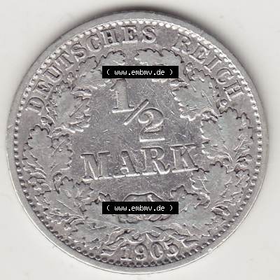 Münzen Deutschland 1871-1918 Kaiserreich Silbermünze 1905-1919, 1/2 Mark A 1905. Rückseite einer Münze aus dem Deutschen Kaiserreich in Europa als Digitales Bild /... Sammlung