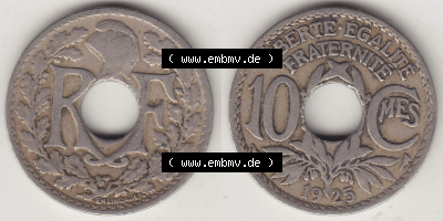 Münzen Frankreich Eurovorläufer, Umlaufmünze vor Euroeinführung 1917-1938, 10 Centimes - Cmes 1925. Vorderseite und Rückseite... Sammlung
