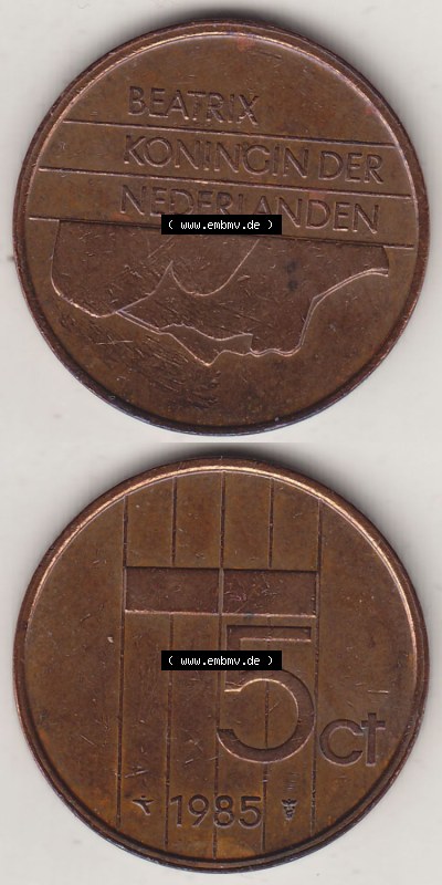 Münzen Niederlande / Netherlands Eurovorläufer, Umlaufmünze vor Euroeinführung 1982-2001, 5 Ct Cent 1985 (Stück 3) Königin... Sammlung