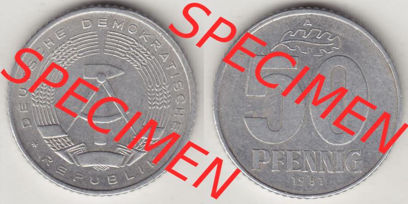 Münzen Deutschland DDR 1958-1990, A 50 Pfennig 1981-1 der DDR-Mark. Vorderseite und Rückseite Nebeneinander einer 50 Pfennig Münze / Umlaufmünze aus Deutschland der... Sammlung