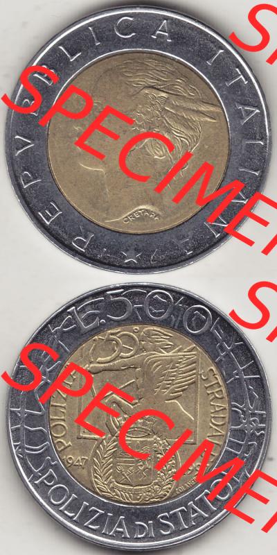 Münzen Italien / Italia Eurovorläufer, Gedenkmünze vor Euroeinführung 1997-1997, 500 Lire, 50 Jahre Staatspolizei (1947-1997), POLIZIA DI STATO... Sammlung
