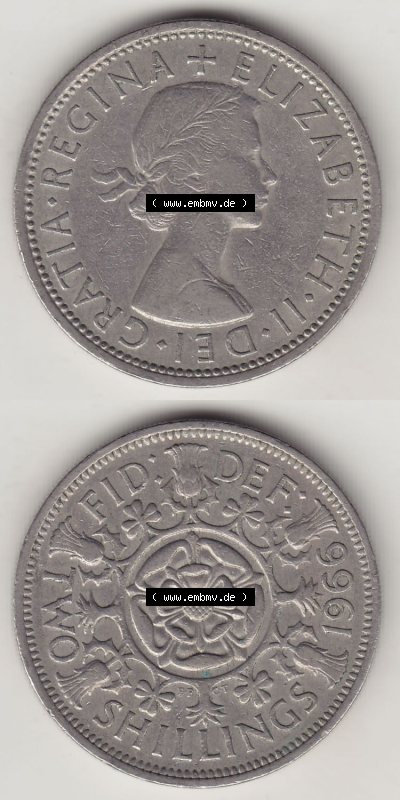 Münzen Großbritannien Eurovorläufer, Umlaufmünze vor Euroeinführung 1954-1970, 2 Schilling - Shillings 1966 (Stück 6). Vorderseite... Sammlung