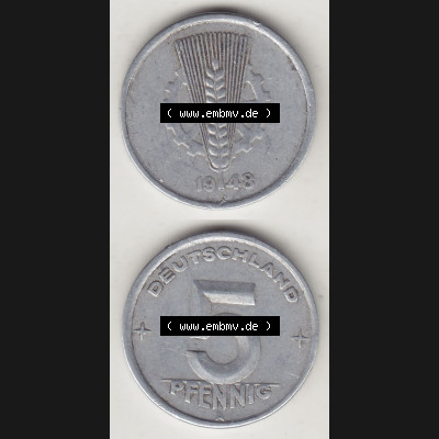 Münzen Deutschland DDR 1948-1950, A 5 Pfennig 1948-1. Vorderseite und Rückseite einer Münze in Vertikaler Ausrichtung auf einen Bild, einer 5 Pfennig Münze der ehemaligen... Sammlung