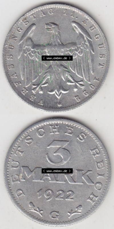 Münzen Deutschland 1918-1932 Weimarer Republik 1922-1923, 3 Mark G, 1923 Verfassungstag 11. August 1922 (4) Sammlung