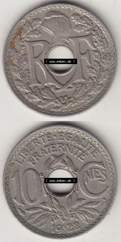 Frankreich 10 CMES EGALITÉ FRATERNITÉ LIBERTÉ 1922 (Stück 2), RF Sammlung