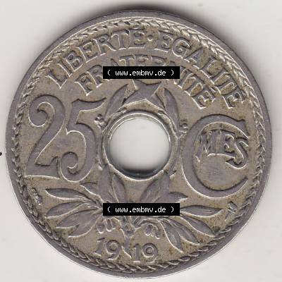 Münzen Frankreich Eurovorläufer, Umlaufmünze vor Euroeinführung 1917-1937, 25 Cmes, Centimes 1919-1 LIBERTE EGALITE FRATERNITE. Rückseite einer Münze... Sammlung