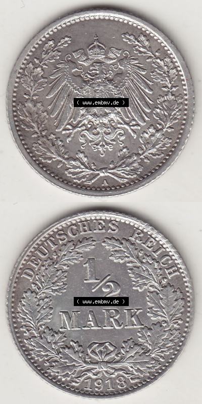 Münzen Deutschland 1871-1918 Kaiserreich Silbermünze 1905-1919, 1/2 Mark A 1918. Vorderseite und Rückseite Vertikal Untereinander,... Sammlung