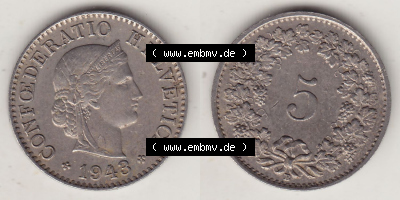 Münzen Schweiz Eurovorläufer, Umlaufmünze 1879-1980, 5 Rappen 1943 Helvetica (3) Sammlung