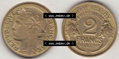 Alte Münzen Frankreich, Kursmünzensatz Zeitraum 1917-1952, der Münze 1931-1941, 2 Franken, Francs, 1932 (Stück 1). Rückseite... Sammlung