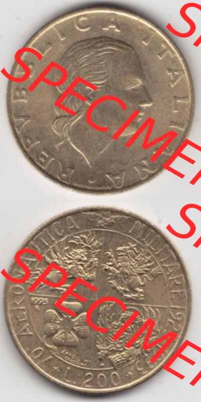 Münzen Italien / Italia Eurovorläufer, Gedenkmünze vor Euroeinführung 1993-1993, 200 Lire Militärischen Luftfahrt. Rückseite und Vorderseite vertikal... Sammlung