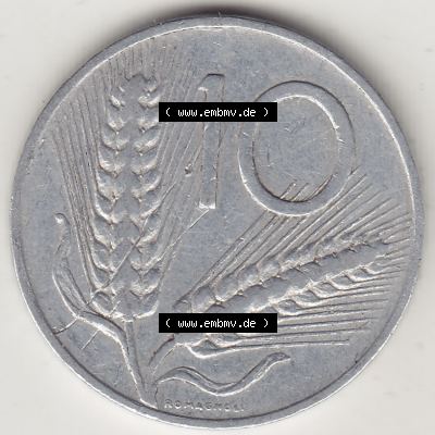 Münzen Italien / Italia Eurovorläufer, Umlaufmünze vor Euroeinführung 1951-2001, 10 Lire 1953-1. Rückseite einer Münze aus Europa als Digitales Bild... Sammlung