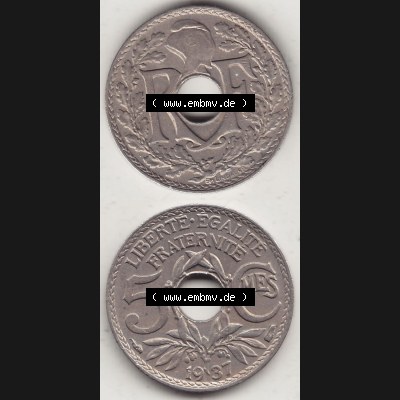 Alte Münzen Frankreich, Kursmünzensatz Zeitraum 1917-1952, der Münze 1920-1938, 5 Cmes, Centimes 1937-1. Rückseite und Vorderseite vertikal untereinander... Sammlung