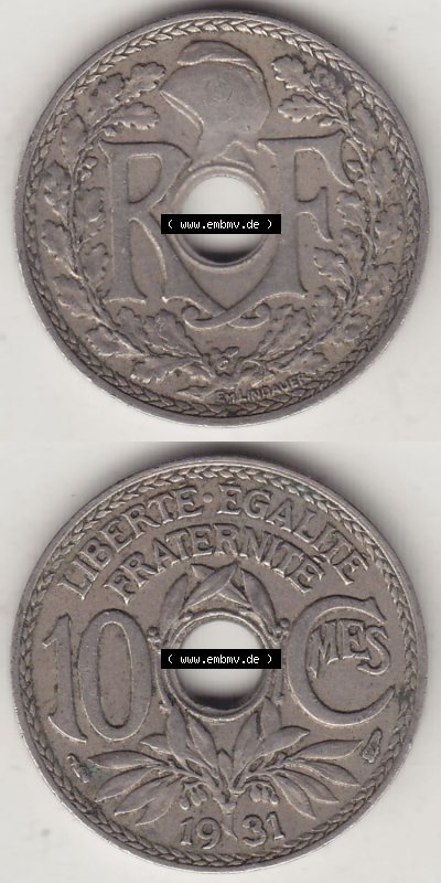 Münzen Frankreich Eurovorläufer, Umlaufmünze vor Euroeinführung 1917-1938, 10 Centimes, 10 CMES EGALITÉ FRATERNITÉ LIBERTÉ... Sammlung