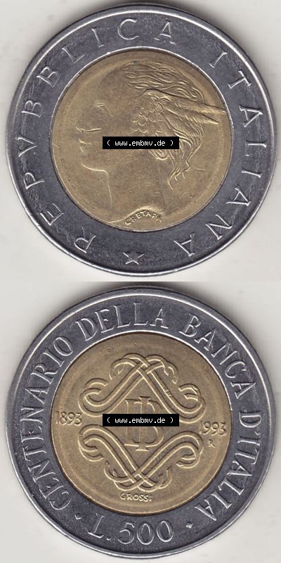 Münzen Italien / Italia Eurovorläufer, Gedenkmünze vor Euroeinführung 1993-1993, 500 Lire, 100 Jahre Bank von Italien (1893-1993),... Sammlung