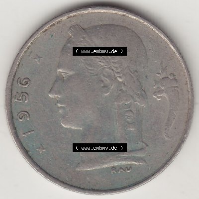 Münzen Belgien Eurovorläufer, Umlaufmünze vor Euroeinführung 1950-1988, 1 FR-Franken 1956 Belgique. Rückseite einer Münze aus Europa als Digitales Bild... Sammlung
