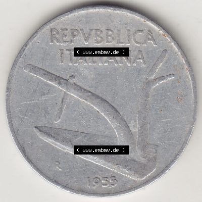 Münzen Italien / Italia Eurovorläufer, Umlaufmünze vor Euroeinführung 1951-2001, 10 Lire 1955-2. Vorderseite einer Münze aus Europa als Digitales Bild /... Sammlung