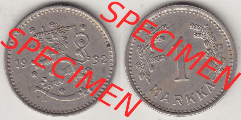 Alte Münzen Finnland, inoffizieller privater Kursmünzensatz / KMS - Zusammenstellung, mit Münze 1928-1940, 1 finnische Mark, Markka 1932. Rückseite... Sammlung