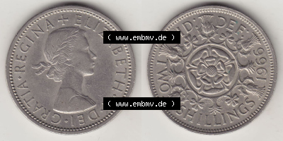 Münzen Großbritannien Eurovorläufer, Umlaufmünze vor Euroeinführung 1954-1970, 2 Schilling - Shillings 1966 (Stück 1). Vorderseite... Sammlung