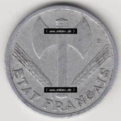 Münzen Frankreich Eurovorläufer, Umlaufmünze vor Euroeinführung 1942-1944, 1 Franken - Francs 1942. Vorderseite einer Münze... Sammlung