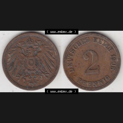 Münzen Deutschland 1871-1918 Kaiserreich 1904-1916, 2 Pfennig A, 1908 I. (3) Sammlung