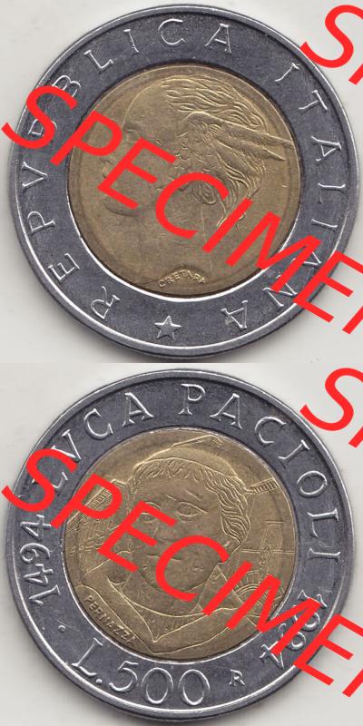 Münzen Italien / Italia Eurovorläufer, Gedenkmünze vor Euroeinführung 1994-1994, 500 Lire, 500. Geburtstag von Luca Pacioli (1494-1994)-2.... Sammlung