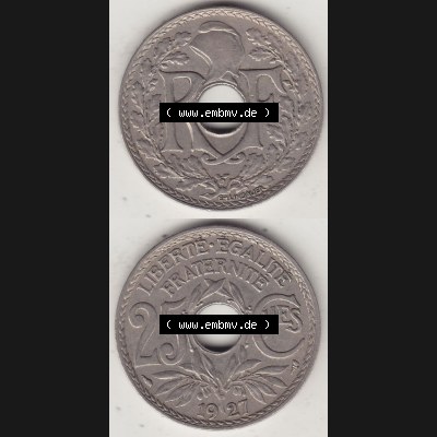 Alte Münzen Frankreich, Kursmünzensatz Zeitraum 1917-1952, der Münze 1917-1937, 25 Cmes, Centime 1927-1. Rückseite und Vorderseite vertikal untereinander... Sammlung