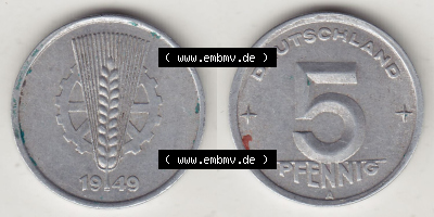 Münzen Deutschland DDR 1948-1950, A 5 Pfennig 1949 (Stück 1). Vorderseite und Rückseite einer Münze auf einen Bild, einer... Sammlung