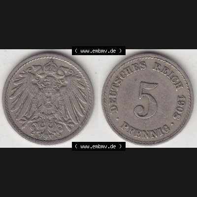 Münzen Deutschland 1871-1918 Kaiserreich 1890-1915, 5 Pfennig A, 1908 II (3) Sammlung