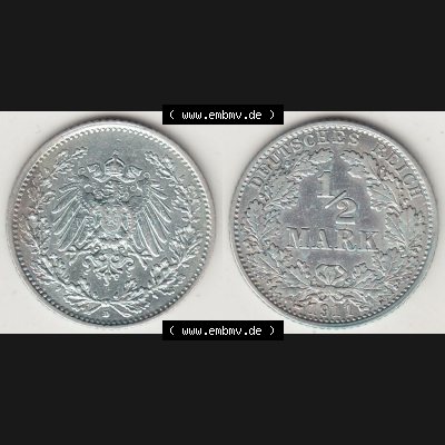 Münzen Deutschland 1871-1918 Kaiserreich Silbermünze 1905-1919, 1/2 Mark D 1911. Vorderseite und Rückseite Nebeneinander einer Münze aus Europa dem Deutschen Kaiserreich... Sammlung