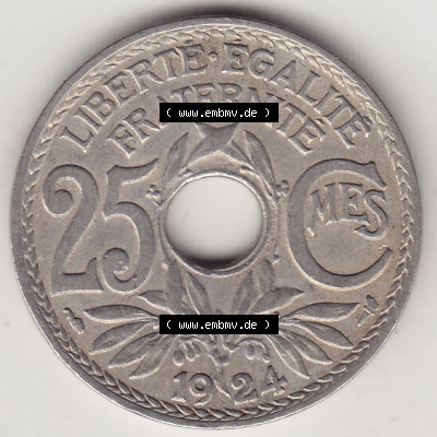 Münzen Frankreich Eurovorläufer, Umlaufmünze vor Euroeinführung 1917-1937, 25 Cmes, Centimes 1924 (Stück 1) LIBERTE EGALITE... Sammlung