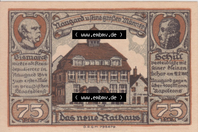 Notgeldscheine aus Naugard 75 Pfennig Das neue Rathaus (2) Sammlung