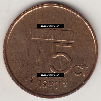 Münzen Niederlande / Netherlands Eurovorläufer, Umlaufmünze vor Euroeinführung 1982-2001, 5 Ct Cent 1991 (Stück 3) Königin... Sammlung