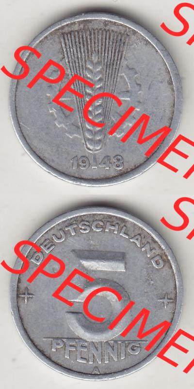Münzen Deutschland DDR 1948-1950, A 5 Pfennig 1948-3. Vorderseite und Rückseite einer Münze in Vertikaler Ausrichtung auf einen Bild, einer 5 Pfennig Münze der ehemaligen... Sammlung