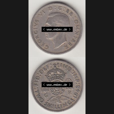 Münzen Großbritannien Eurovorläufer, Umlaufmünze vor Euroeinführung 1947-1948, 2 Schilling - Shillings 1949-2. Vorderseite und Rückseite vertikal untereinander... Sammlung