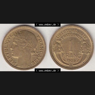 Münzen Frankreich Eurovorläufer, Umlaufmünze vor Euroeinführung 1931-1941, 1 Franken, 1 Franc, 1939-1 LIBERTE EGALITE FRATERNITE. Rückseite und Vorderseite... Sammlung