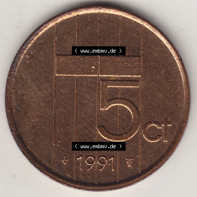 Münzen Niederlande / Netherlands Eurovorläufer, Umlaufmünze vor Euroeinführung 1982-2001, 5 Ct Cent 1991 Königin Beatrix... Sammlung