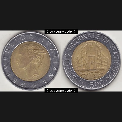 Münzen Italien / Italia Eurovorläufer, Gedenkmünze vor Euroeinführung 1996-1996, 500 Lire, 70 Jahre Nationales Institut für Statistik (1926-1996),... Sammlung
