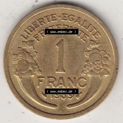 Alte Münzen Frankreich, Kursmünzensatz Zeitraum 1917-1952, der Münze 1931-1941, 1 Franken, Franc, 1939. Rückseite einer Münze aus Frankreich... Sammlung