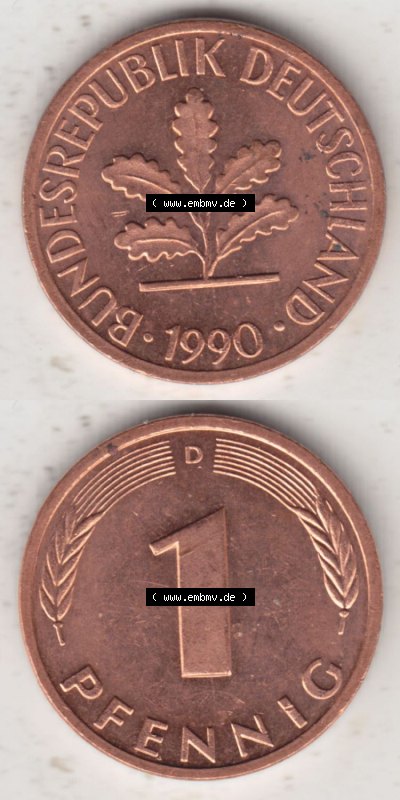 Münzen Deutschland 1 Pfennig-Deutsche Mark 1950-2001, 1 Pfennig 1990 D. Vorderseite und Rückseite in vertikaler Ansicht, einer... Sammlung