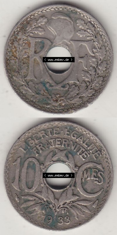 Münzen Frankreich Eurovorläufer, Umlaufmünze vor Euroeinführung 1917-1938, 10 Centimes, 10 CMES EGALITÉ FRATERNITÉ LIBERTÉ... Sammlung