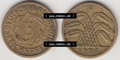 Münzen Deutschland 1918-1932 Weimarer Republik 1924-1936, 5 Reichspfennig F, 1924 II (3) Sammlung