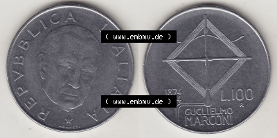Münzen Italien / Italia Eurovorläufer, Gedenkmünze vor Euroeinführung 1974-1974, 100 Lire, 100. Geburtstag von Guglielmo Marconi... Sammlung