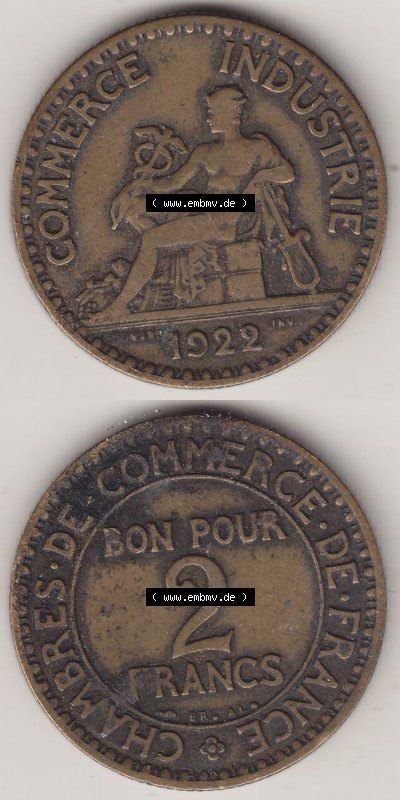 Münzen Frankreich Eurovorläufer, Umlaufmünze vor Euroeinführung 1920-1927, 2 Francs - Franken 1922 (Stück 2). Vorderseite... Sammlung