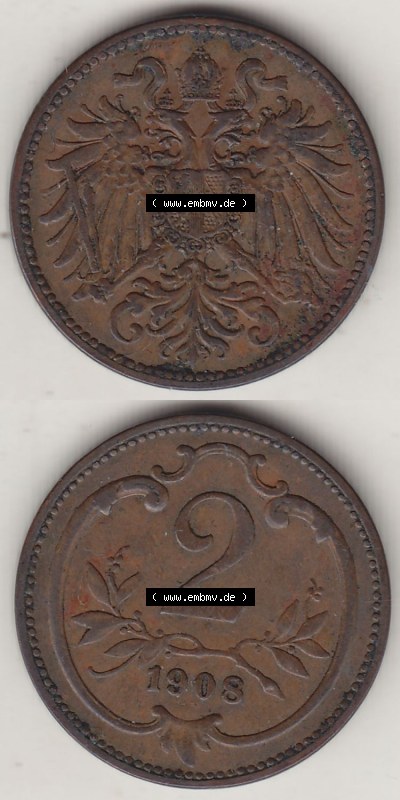 Münzen Österreich / Austria Eurovorläufer, Umlaufmünze vor Euroeinführung 1892-1915, 2 Heller 1908 (4) Sammlung