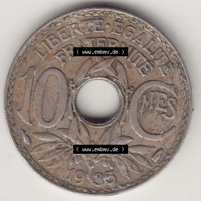 Münzen Frankreich Eurovorläufer, Umlaufmünze vor Euroeinführung 1917-1938, 10 Centimes - Cmes 1935 (Stück 2). Rückseite... Sammlung